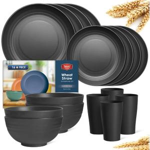 Teivio 16-Piece Kitchen Plastic Wheat Straw Dinnerware Set, Service for 4, Dinner Plates, Dessert Plate, Cereal Bowls, Cups, Unbreakable Plastic Outdoor Camping Dishes, Black