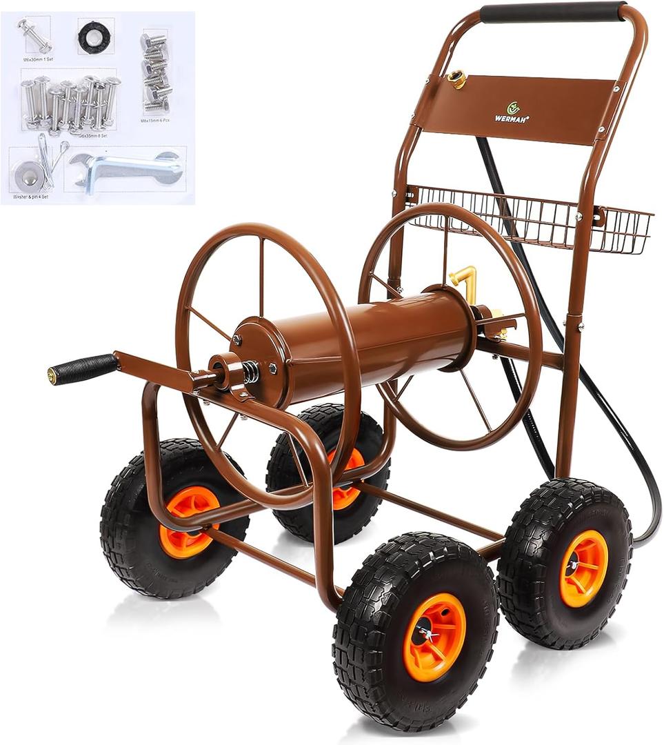 2025 Upgrade Hose Reel Cart, Hold Up to 300 ft of 5/8'', Garden Hose Cart with 4 Wheels, Heavy Duty Freestanding Water Hose Reels for Outside Garden Lawn Yard Outdoor