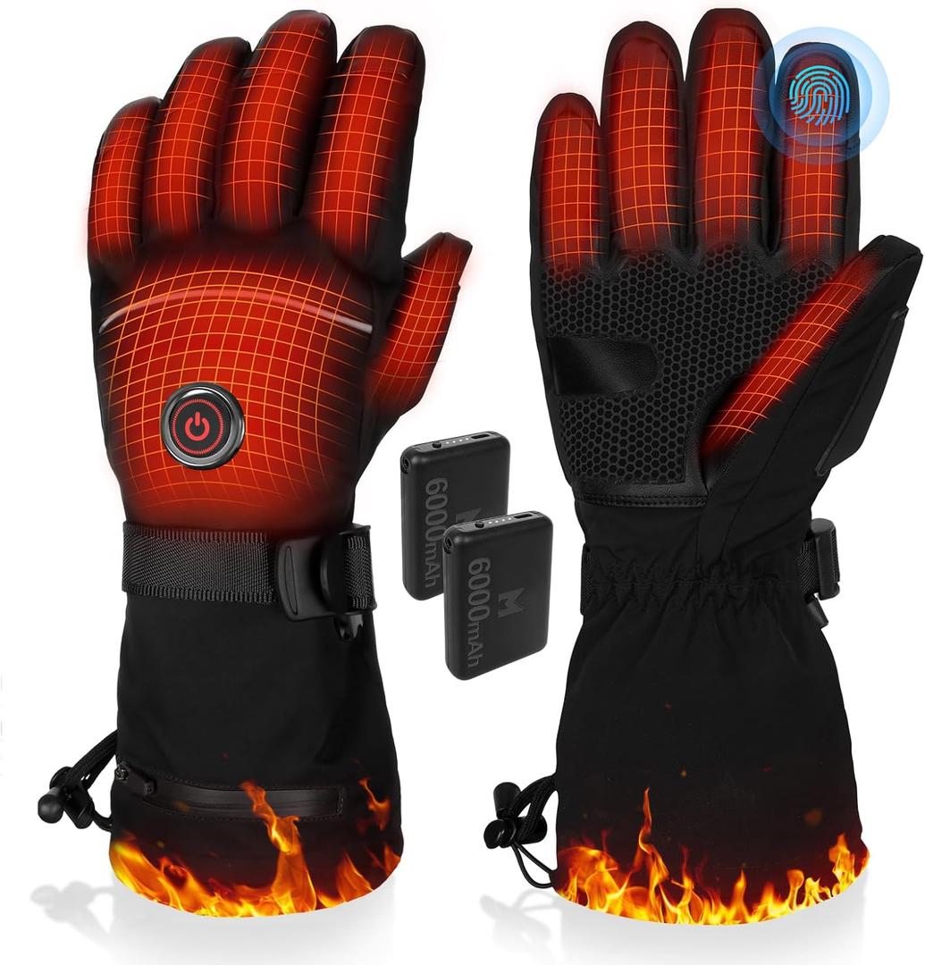 Heated Gloves, 5V 6000mAh Rechargeable Heated Gloves for Men Women, Waterproof & Upgrade Non-Slip Electric Heating Glove for Motorcycling, Hunting, Skiing, Outdoor Work (Black, Medium)