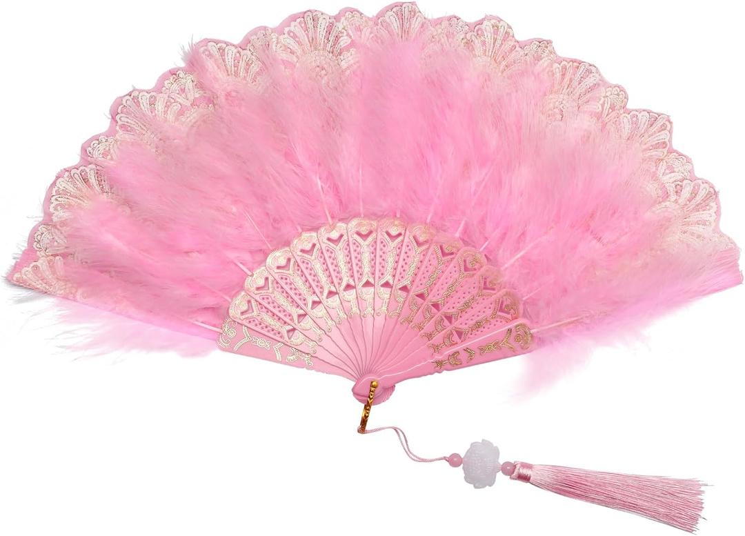 Fumwase Foldable Feather Fan Embroidered Flower Handheld Chinese Folding Fans 1920s Feather Fan Flapper Hand Fan for Costume Party Wedding Dancing Decoration (Pink)