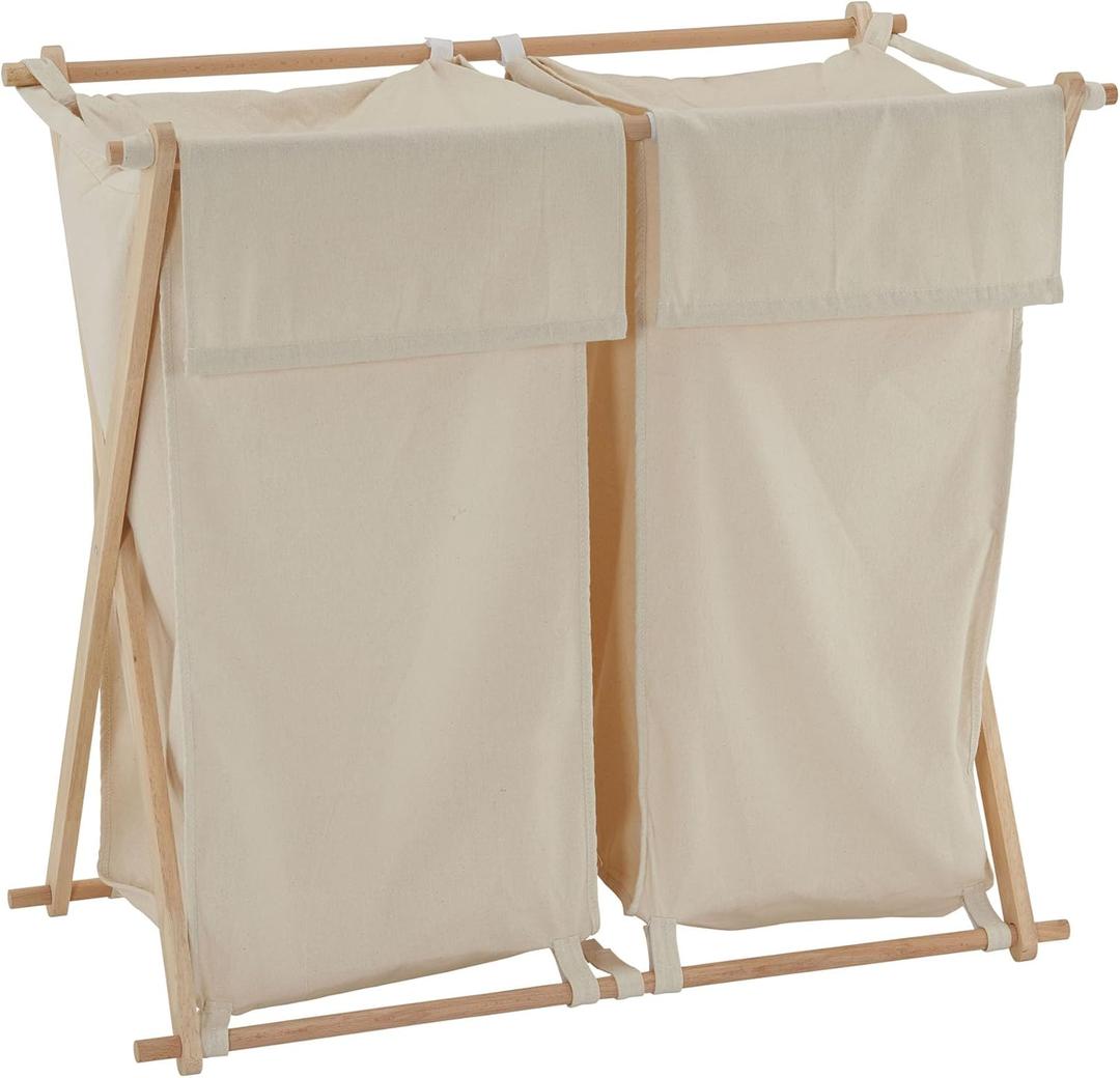 Household Essentials 6786-1 Collapsible Double X-Frame Laundry Hamper Sorter with Fold Over Lid , White (Natural)