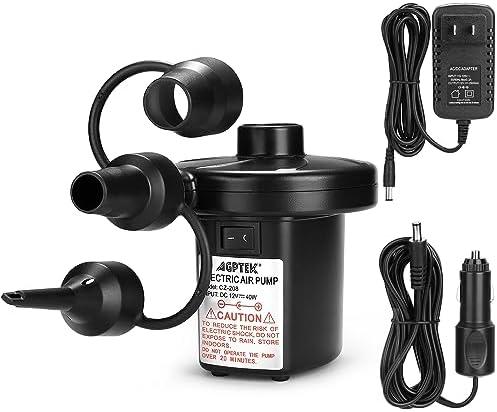 AGPTEK Electric Air Pump,Portable Air Pump with 3 Nozzles, 4.5kPa Quick-Fill,110V AC/12V DC Inflator/Deflator Pumps for Outdoor Camping, Inflatable Air Mattress Beds, Boats, Swimming Ring