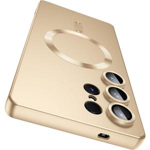 LEKEVO Magnetic for Samsung Galaxy S25 Ultra Case [Compatible with MagSafe][Built-in Camera Lens Protector] Slim Soft Silicone Bumper Shockproof Metallic Luster Phone Shell (Gold)
