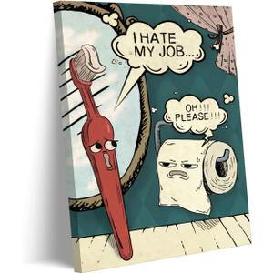 Funny Bathroom Canvas Wall Art Toothbrush And Toilet Paper Painting Picture Wall Decor Vintage Colorful Humor poster print Artwork for Bathroom Restroom Home Decoration (16L''x24W'')