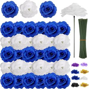 108pcs Roses Head Flowers with Stem - Blue & White Artificial Flowers Rose Bulk - Silk Royal Blue Rose Fake Flower for Wedding Bouquet Party Home Decor DIY Baby Shower Centerpieces Tables Decoration