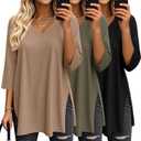 Velvelhall 3 Pack Women's 3/ 4 Sleeve Oversized T-Shirts V Neck Comfy Casual Tunic Tops Knit Side Basic Split Loose Fit Tees (Small, Black, Army Green, Coffee)