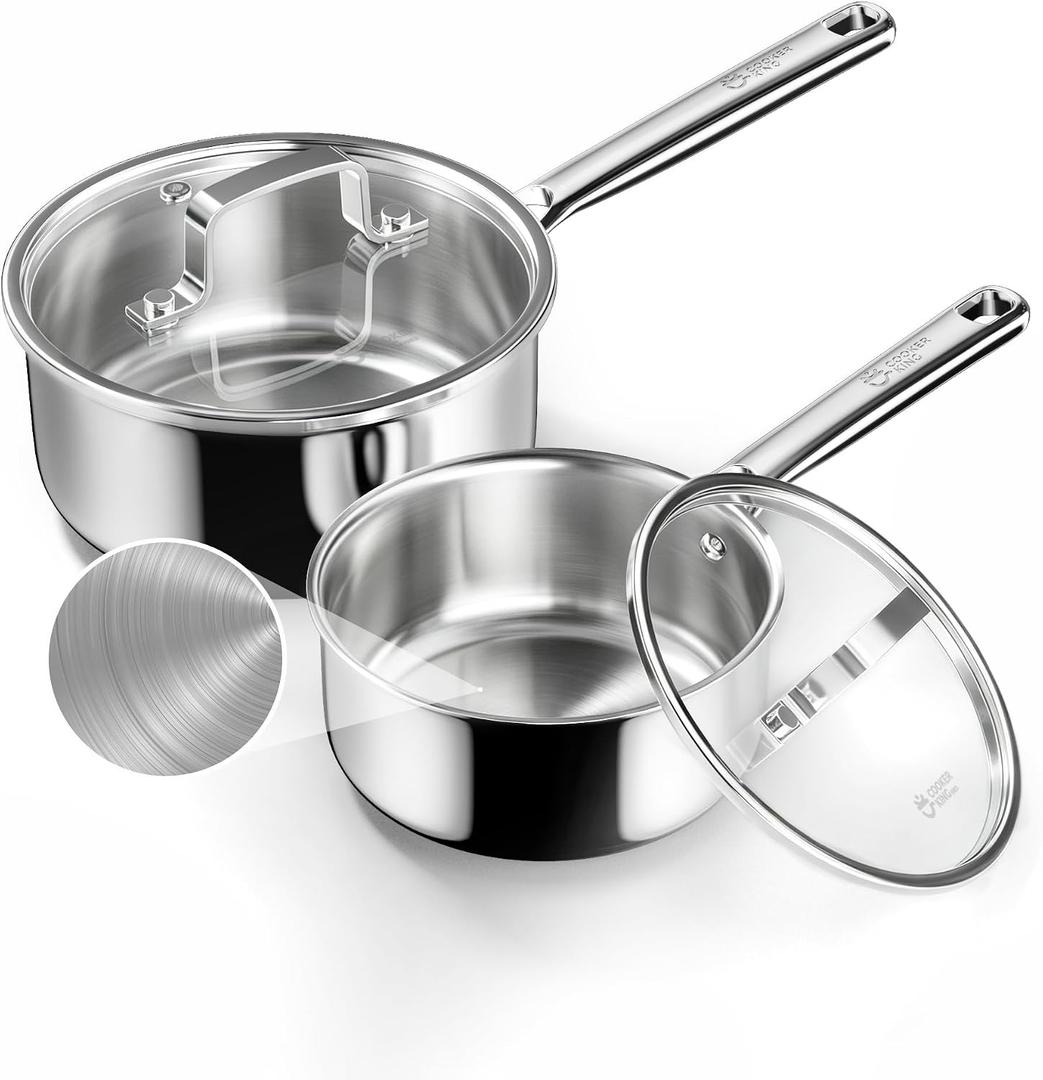 COOKER KING Sauce Pan Set, 1.5 QT & 2 QT Saucepan with Lid, Metal Utensils Safe, No Coating (PFAS/PFOA/PTFE Free), Dishwasher-Friendly, Oven-Safe Up to 900F, Induction Ready