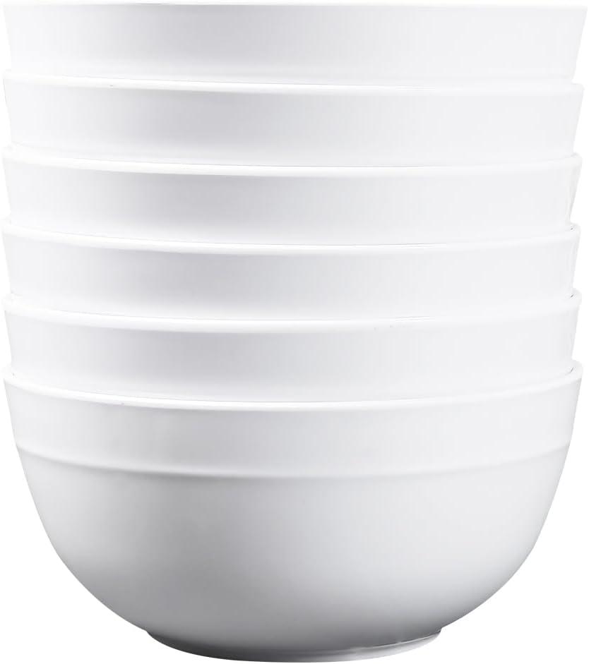 Melamine Cereal Bowls - 23oz White Bowls, Soup Bowl, 6PCS Salad Bowl, Set of 6, Unbreakable, Dishwasher Safe, White