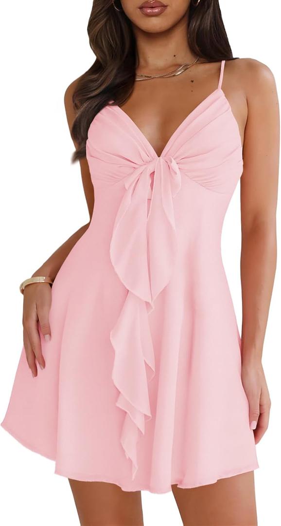 Women Sleeveless Sexy V Neck Summer Dress for Women Casual Flowy Beach Club Party Spaghetti Strap Mini Sundress (Pink)