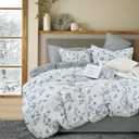LEMIROE Floral Cotton Comforter Queen Size - Light Grey Comforter Printed with Vintage Ivory Flowers & Dark Yellow Stamens, Reversible Lightweight Bedding Sets 3Pcs(90"×90")