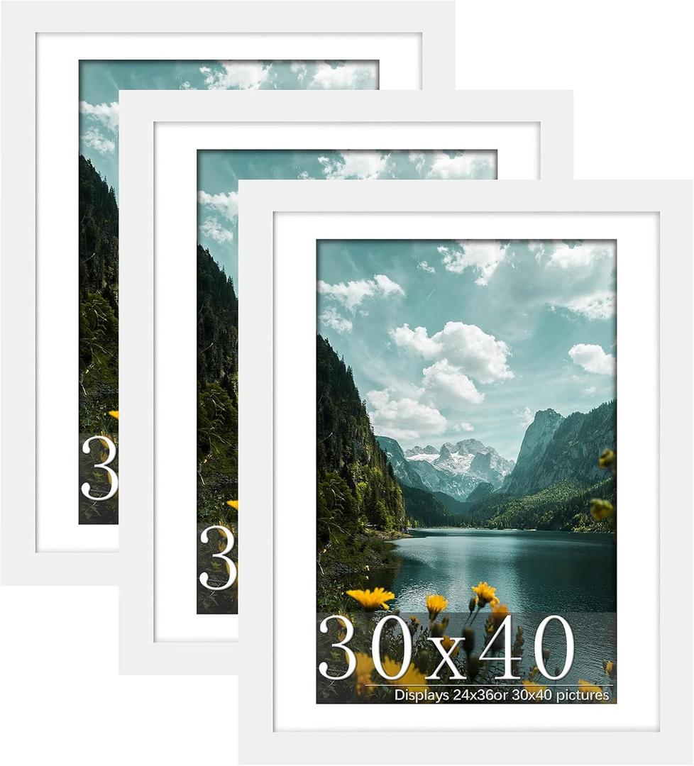 Picrit 30x40 Picture Frame 3 Pack, White Poster Frame, Display Poster 24 x 36 with Mat or 30 x 40 without Mat for Horizontal or Vertical Wall Mounting, White, 30x40