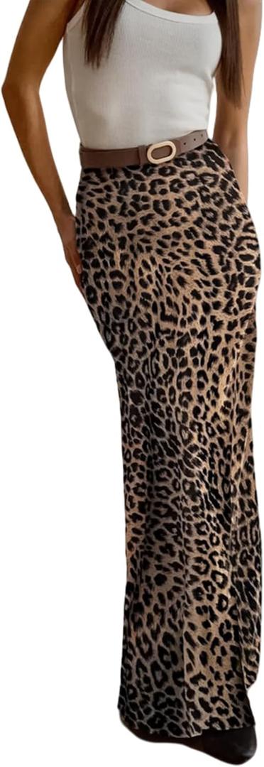 Women's Elegant Leopard Print Maxi Skirt Flowy Extra Long Skirt Zipper High Waisted Bodycon Mermaid Skirt (Large, Dark Khaki)