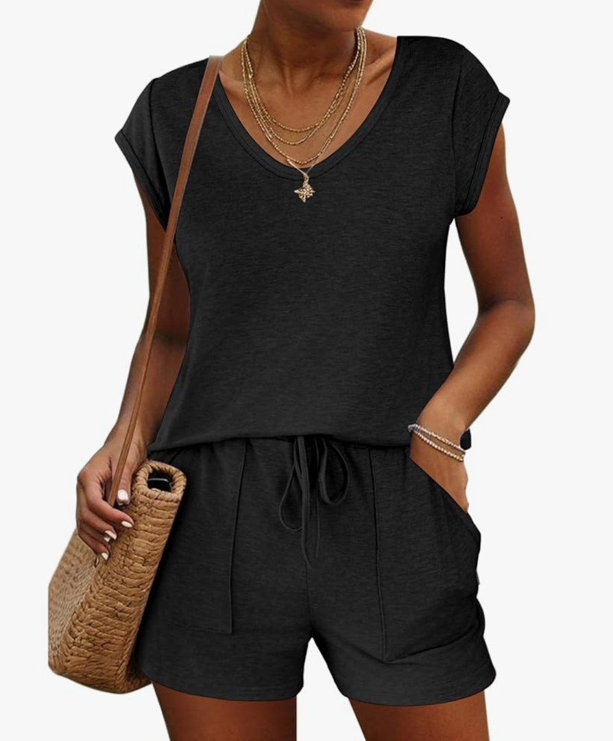 Ekouaer Womens Pajama Sets 2 Piece Lounge Sets Comfy Short Sleeve Tops and Shorts Cute Pjs Outfits, L, Black