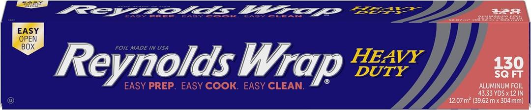Reynolds Wrap Heavy Duty Aluminum Foil Roll, Thick Heavy Duty Foil for Added Strength and Durability, Secure Easy Open and Close Tab, 12 Inches Wide, 130 Sq. Ft.