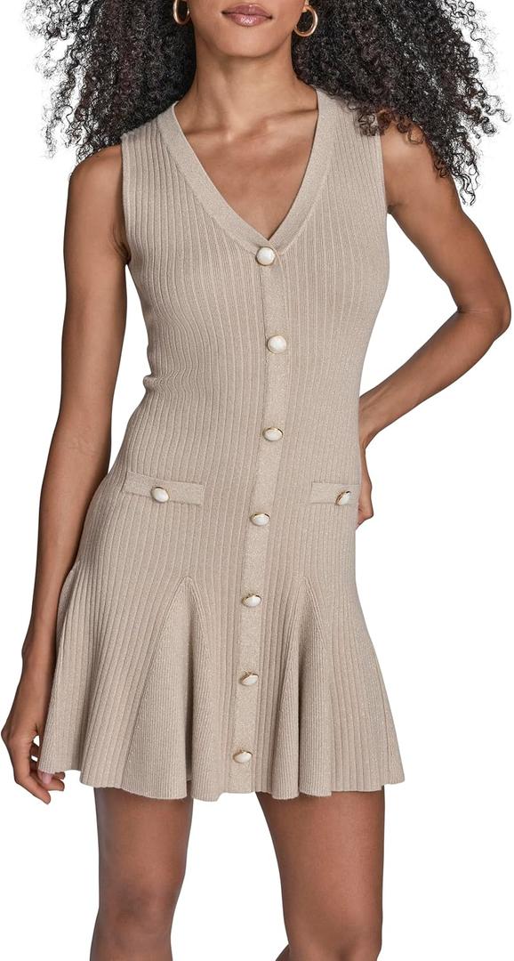 BCBG Women's Sleeveless V-Neck Button Front Pleated Knit A-line Mini Dress (L)