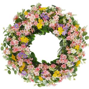 Faux Silk Cherry Blossom Flower Spring Summer Easter Wreath 24-26" for Front Door  Pink Purple Yellow Plum Blossom Green Eucalyptus Leaves  Farmhouse Front Porch Decor, Outdoor Indoor Use
