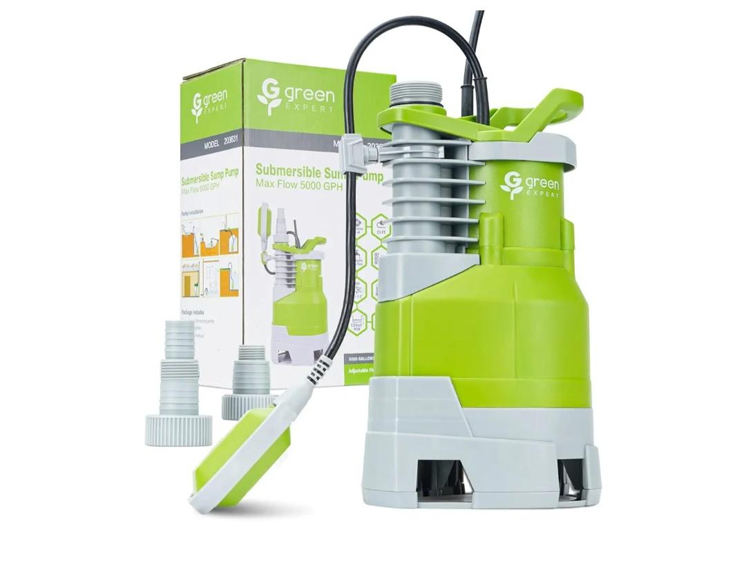 Green Expert 1.5HP Submersible Sump Pump High Flow 5000GPH 25ft Power Cord Manual Automatic On/Off for Water Removal from Basement Sump Pit Pools Hot Tub Spas Garden Pond