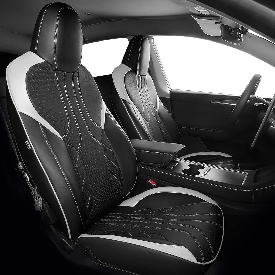 1: 1 Custom Fit for Tesla Model Y Seat Covers 2024 2023 2022, Breathable Leather Car Seat Covers Full Set 7-Seater - Black/White