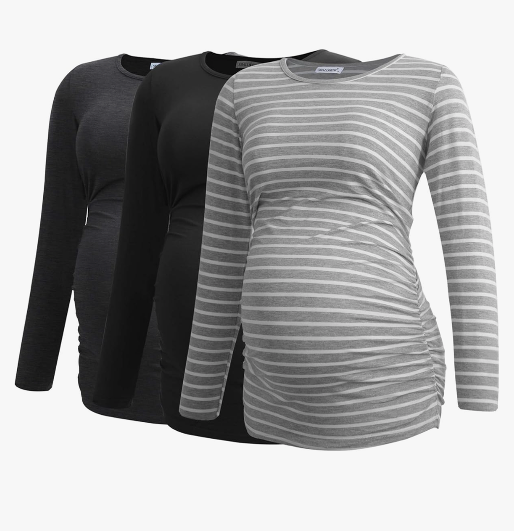 Smallshow Women's Maternity Shirts Long Sleeve Pregnancy Clothes Tops 3-Pack Medium Black-Deep Grey-Light Grey Stripe