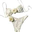 Women's Floral Appliques Cute Bathing Suit High Waisted Colorblock Tie Back Swimsuit Bikini Set (White)