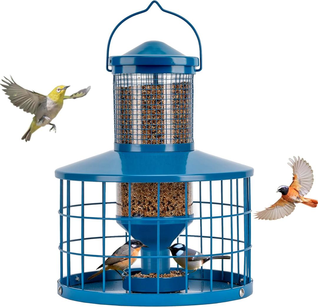 Caged Bird Feeders Squirrel-Proof, Metal, 2.8 Lbs Capacity-Cage Tube Seed Feeders with Tray Outdoor Hanging, Attract Birds,Detachable Cleaning, Starling Proof Wild Bird Feeder, Blue