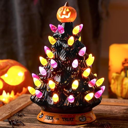 JOYIN 8.5 Inch Halloween Ceramic Tree Black Christmas Tree with Orange Pumpkin Over Multicolor Bulbs LED Light Up Battery Operated Light Up Halloween Decorations for Indoor Party Decor Gifts