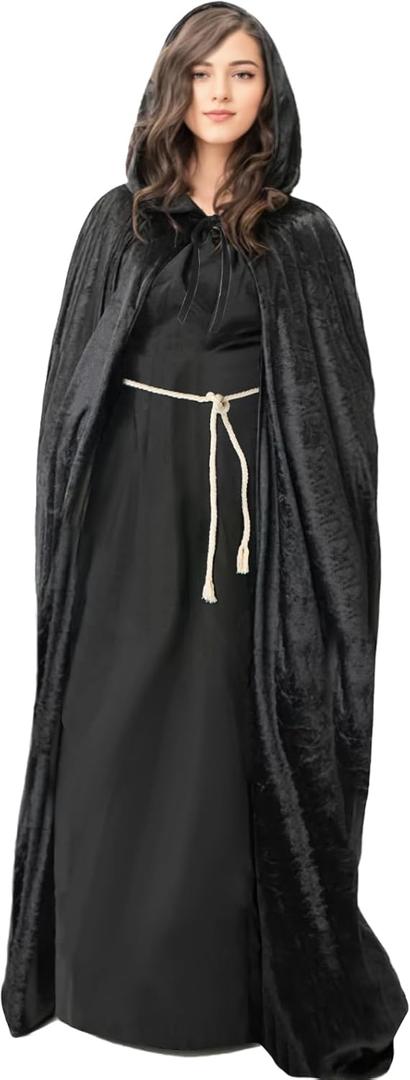 candyfouse Halloween Full-Length Hooded Velvet Cloak Cape, Adult Vampire Witch Wizard Costume for Party Cosplay (150cm, Black)