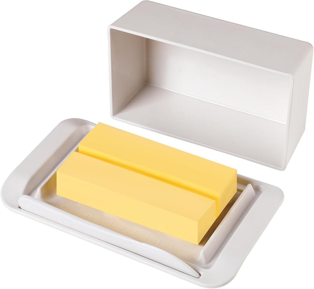 Bamboo Butter Dish with Lid and Knife, Large Butter Keeper for Countertop and Fridge, Holder Container for 2 Sticks East Coast/West Coast/European Style/Kerrygold Butter, Dishwasher Safe, White