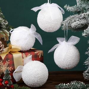 Soulchen 4 Pcs White Pearl Christmas Ball Ornaments 3.15 Inch Shatterproof Hanging Foam Pearl Balls Christmas Decorations for Tree Xmas Holiday Wedding Party Decor