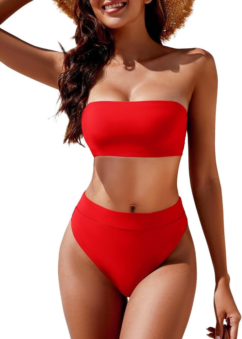 YACUN Women's High Waisted Bikini Swimsuit Two Piece Strapless Bandeau Cheeky Bathing Suits, Red , S