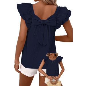 Falechay Womens Bow Tie Back Tops Round Neck Ruffle Short Sleeve Shirts Cute Babydoll Chiffon Tee Women Summer Trendy Tunic, L