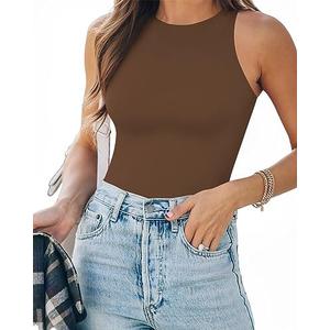 MANGOPOP Tank Top Body Suits Women Sexy Crew Neck Racerback Halter Ribbed Sleeveless Bodysuit for Women M