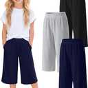 2 x 3 Pack Girls' Capri Pants Wide Leg | Elastic, Waist, Loose Fit, Capris, Casual, Workout, Summer, Cropped, Pants, Pockets