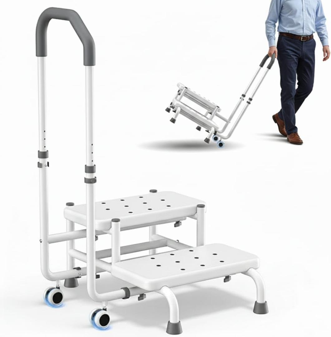 2 Step Stool with Handle & Wheels for Seniors, 400 lbs Capacity, Heavy Duty Bed Step for High Beds, Adjustable 5-Level Handrail, Non-Slip Wide Steps, Non-Skid Rubber Feet (White)