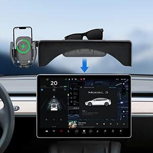 Topfit for Tesla Model 3 Y Monitor Magnetic Phone Mount and Sunglasses case Fixed Clip Safety Car Cell Phone Holder Stand for Tesla Accessories 2017-2024