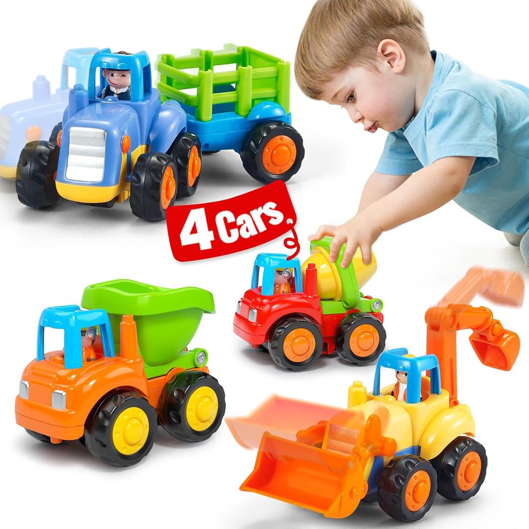 HOLA Toys for 1 2 Year Old Boy Birthday Gift - 4 PCS Toy Trucks Toddler Boy Toys, 4WD Friction Power Car Toys, Toddler Toys 1-2 Early Educational Christmas Easter Stocking Stuffers