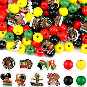 Fabbay 200 Pcs Juneteenth Wooden Beads Black Red Green Yellow Wooden Beads 1865 Freedom Day Wood Beads Ornaments with Hemp Rope for Juneteenth Black History Month Home Party Decor DIY Crafts, Small