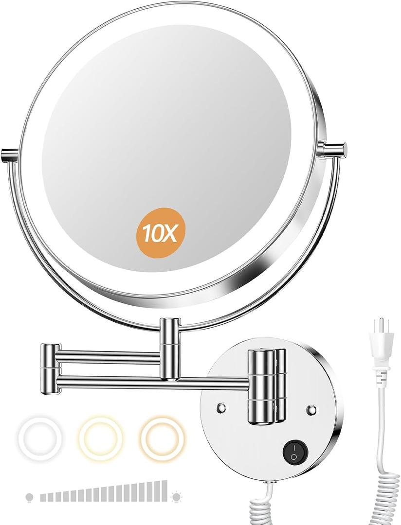 Gospire 9 Wall Mounted Lighted Magnifying Mirror, 1X/10X Magnification Double-Sided LED Bathroom Mirror, 3 Color Lights & Stepless Dimming with Touch Sensor, Extendable Arm 360 Swivel for Shaving