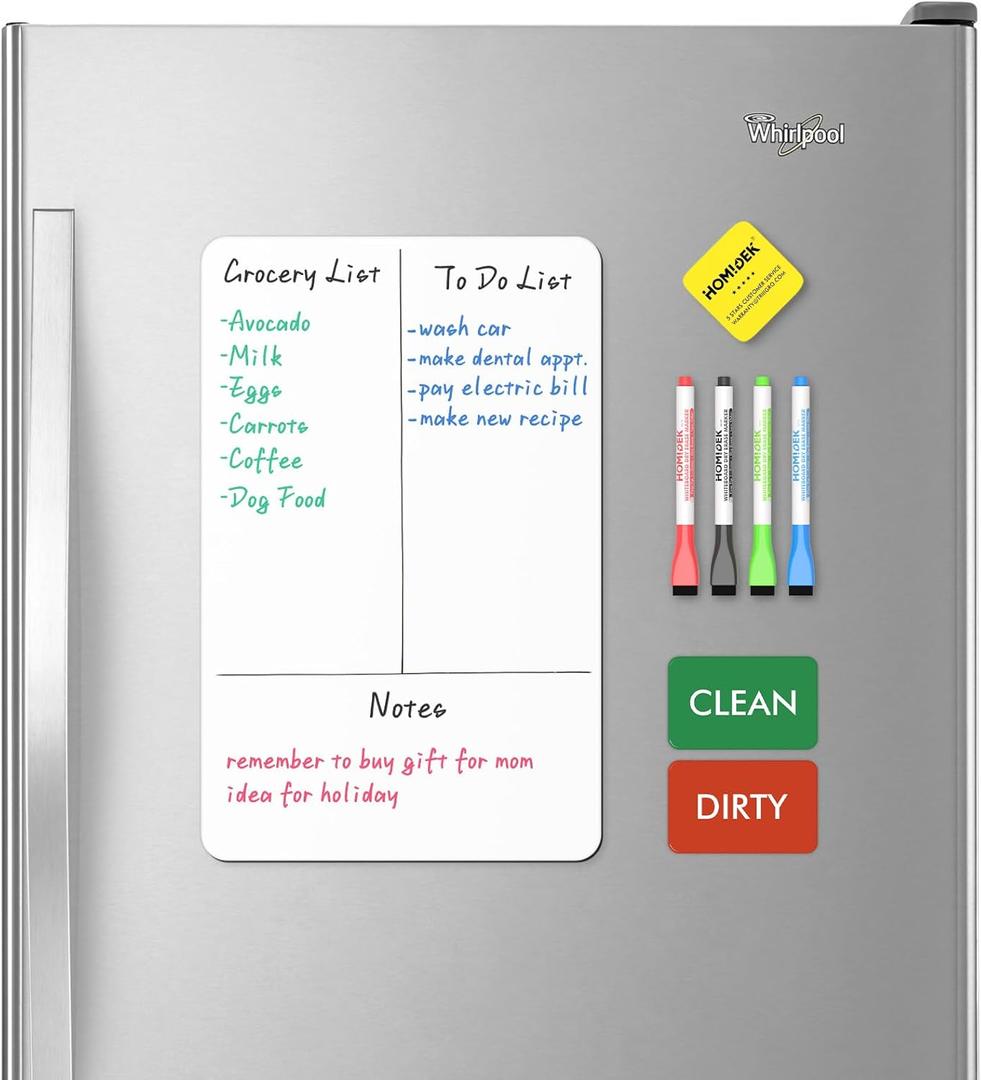 HOMiDEK Magnetic Dry Erase Board: Small Fridge Whiteboard, Flexible Refrigerator Magnet White Board, Blank Writing Note Sheet with Dishwasher Magnet Clean Dirty Sign, 4 Markers & Eraser - 12 x 8