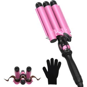 Three Barrel Curling Iron 1 Inch, 7 Heat Settings 180-430F, Ceramic Triple Hair Waver for Beach Waves, Dual Voltage 110-240V, Auto Shut-Off, Glove Included, Pink