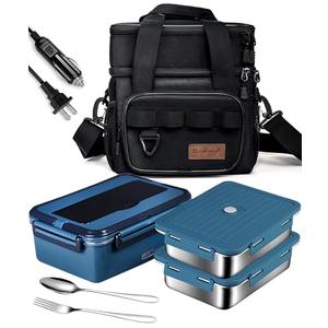 FanFanOK Electric Lunch Box Food Heater 80W Heated LunchBoxes for Adults Work/Car/Truck/Home, 1.8L Portable Food Warmer Heating Lunchbox with Insulated Lunch Bag 12V 24V 110V