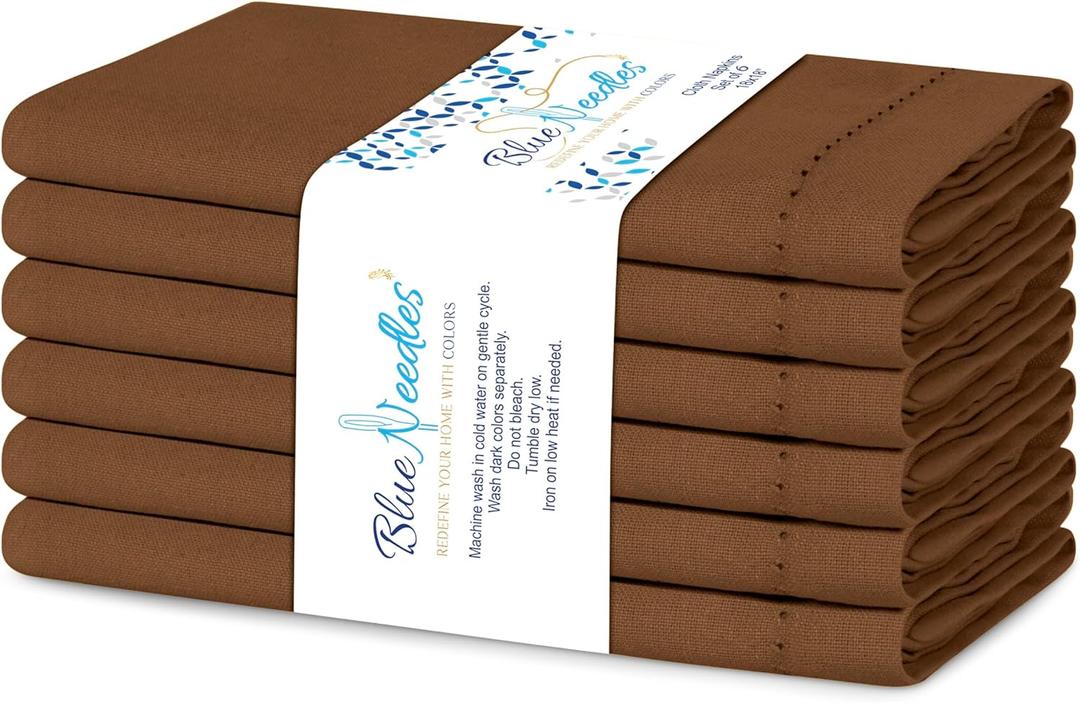 Blue Needles Set of 6 Hemstitch Linen Napkins 100% Cotton Nut Brown Cloth Dinner Napkins 18x18 inches, Soft, Reusable, Absorbent, Washable, Ideal for Spring Summer Easter Event, Parties & Everyday Use