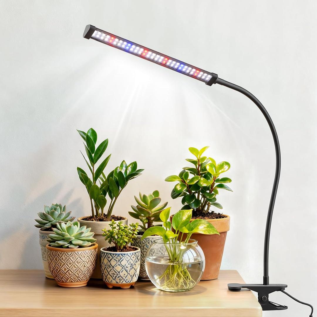 LED Grow Light, 5700K Full Spectrum Clip Plant Growing Lamp with White Red LEDs for Indoor Plants, 5-Levels Dimmable, Auto On Off Timing 4/8/12/18Hrs(Single Head)