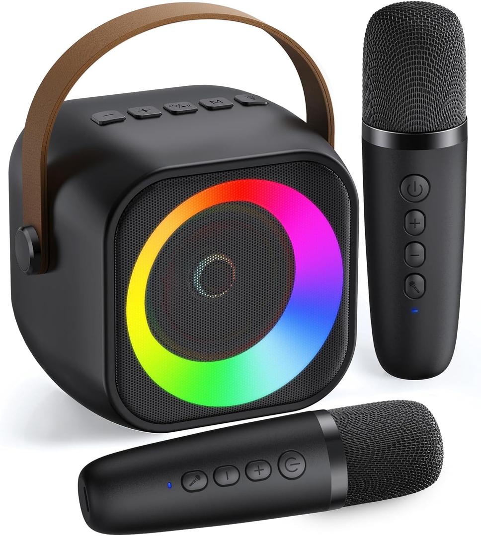 Mini Karaoke Machine, Portable Bluetooth Karaoke Speaker with 2 Wireless Microphones and Party Lights for Kids and Adults, Birthday Gifts for Girls Boys Family Home Party (Black 2 Mics)