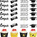 Chinco 100 Pack 2025 Graduation Cupcake Toppers Grad Cap Food Appetizer Picks Cake Graduation Party Decorations Diploma Cupcake Picks for Cake Class of 2025 Graduation Party(Black Silver)