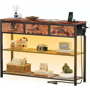 Furologee Console Table with Charging Station & 3 Fabric Drawers, 38'' Entryway Table with Storage Shelves and LED Light for Entry Way, Industrial Display Shelf for Hallway, Foyer, Rustic Brown | 3 Fabric Drawers, Storage Shelves, LED Light, Entry Way, Hallway