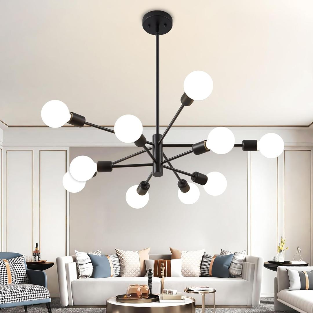 Sputnik Chandelier, Black Modern Chandeliers, Mid Century Ceiling Lighting Fixture for Living Room, Kitchen, Bedroom, Dining Room, Farmhouse (10-Light)
