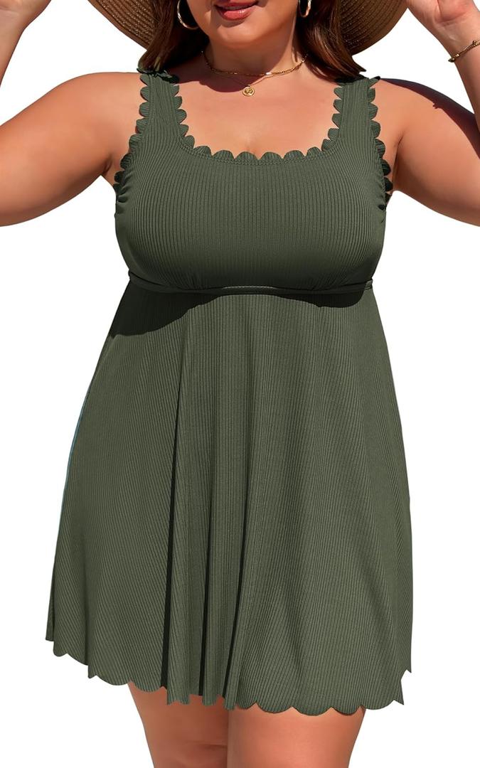Charmo Women Plus Size Swim Dress Scalloped Square Neck One Piece Swimsuit Tummy Control Bathing Suit Rushed Swim Suits 2026 (2X, Green)