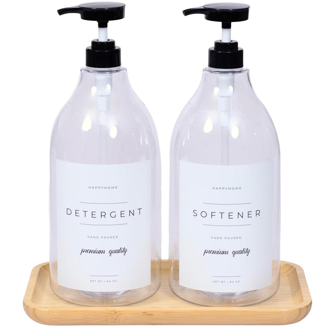 Laundry Detergent Dispenser - Fabric Softener Liquid Dispenser for Laundry Room - 64oz Plastic Soap Dispenser &Bamboo Tray - Set of 2