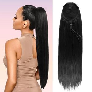 Ponytail Extension, Long Straight Drawstring Pony Tail 26 Inch, Clip in Sleek Natural Fake Synthetic Hairpieces (Natural Black)
